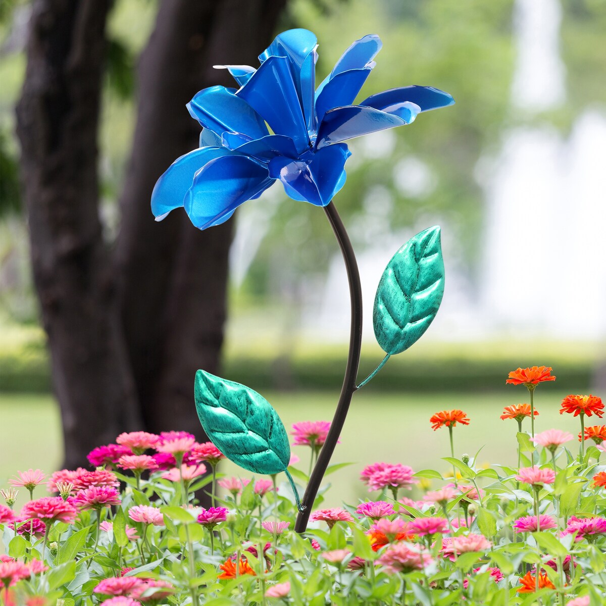 Exhart Rose Flower Wind Spinner Garden Stake, Hand Painted Metallic, 8 by 39 Inches