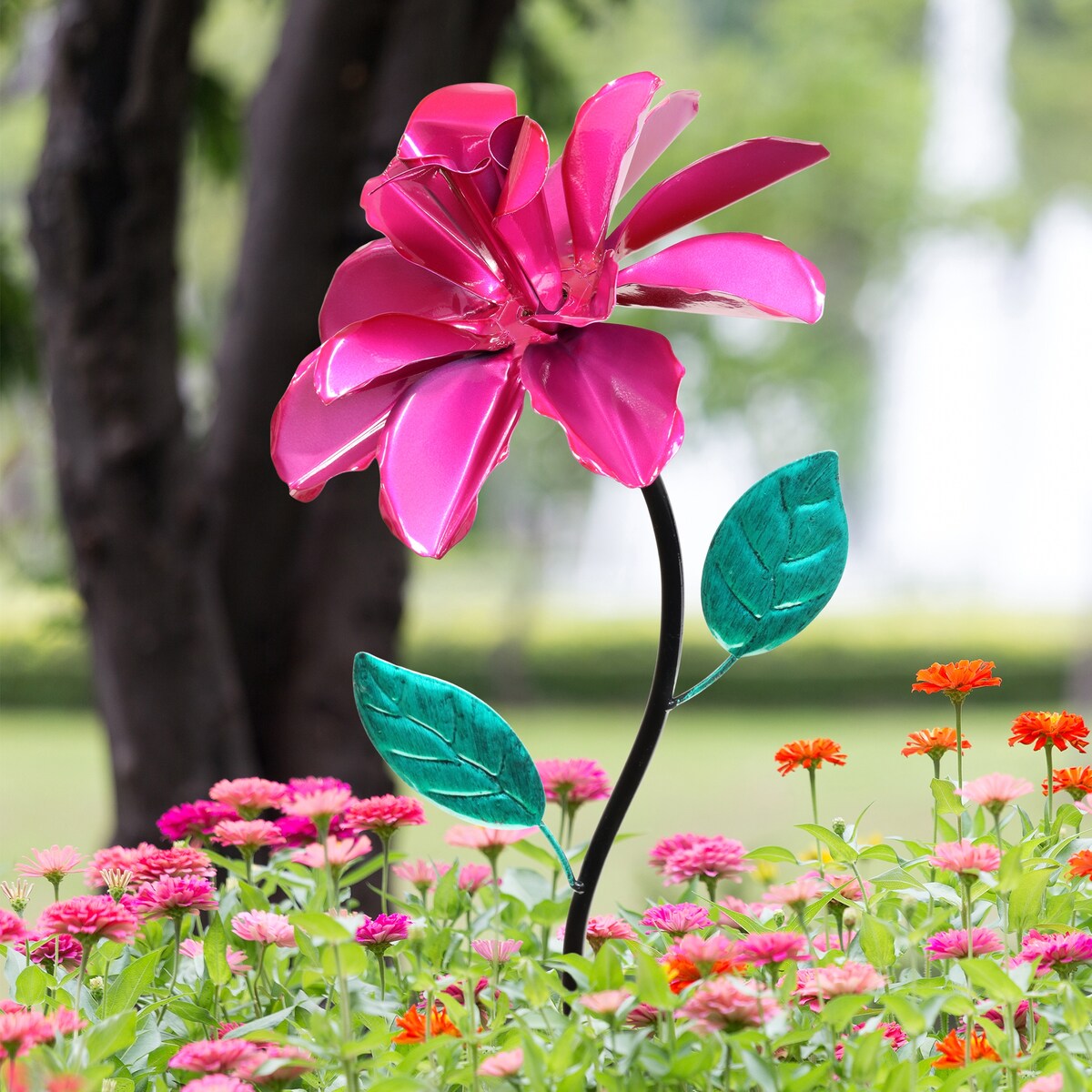 Exhart Rose Flower Wind Spinner Garden Stake, Hand Painted Metallic, 8 by 39 Inches