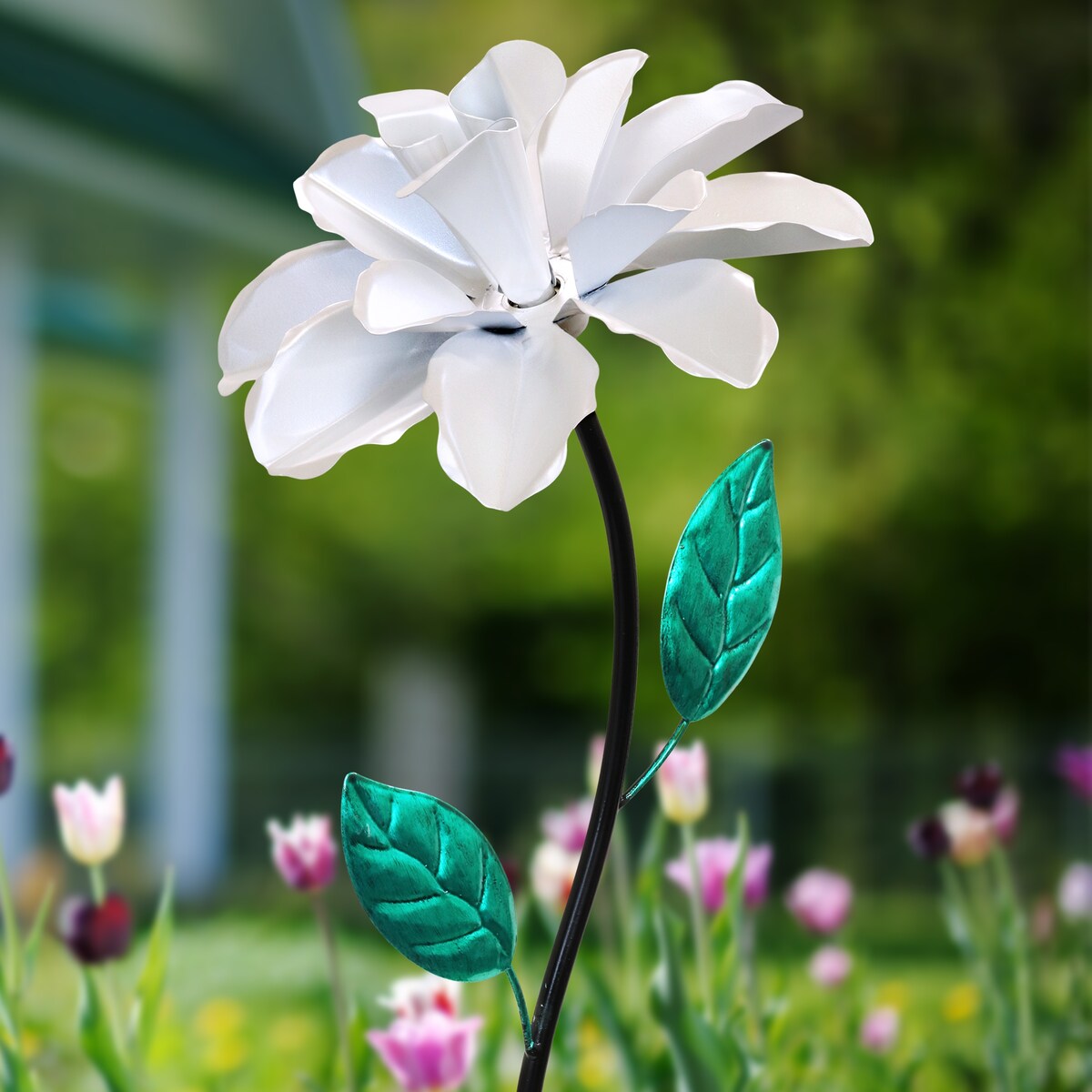 Exhart Rose Flower Wind Spinner Garden Stake, Hand Painted Metallic, 8 by 39 Inches