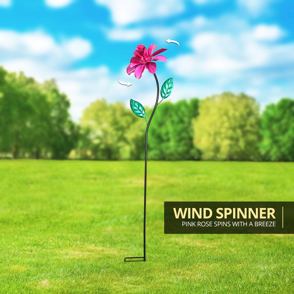 Exhart Rose Flower Wind Spinner Garden Stake, Hand Painted Metallic, 8 by 39 Inches