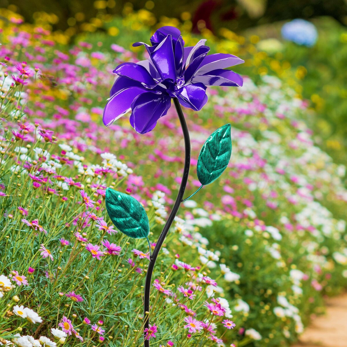 Exhart Rose Flower Wind Spinner Garden Stake, Hand Painted Metallic, 8 by 39 Inches
