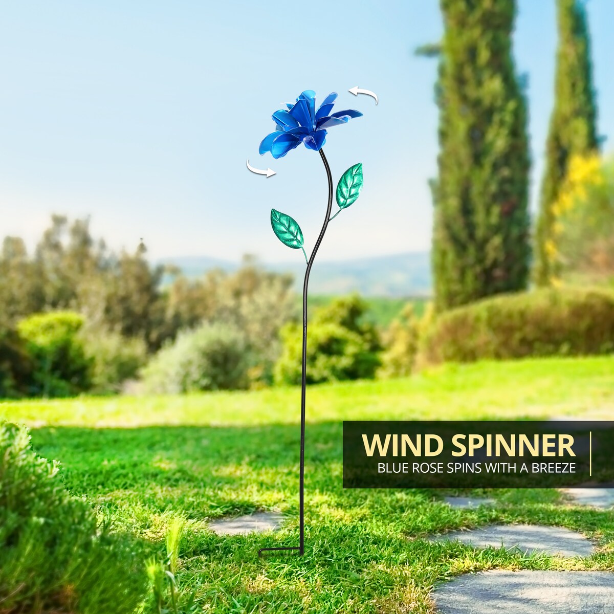 Exhart Rose Flower Wind Spinner Garden Stake, Hand Painted Metallic, 8 by 39 Inches