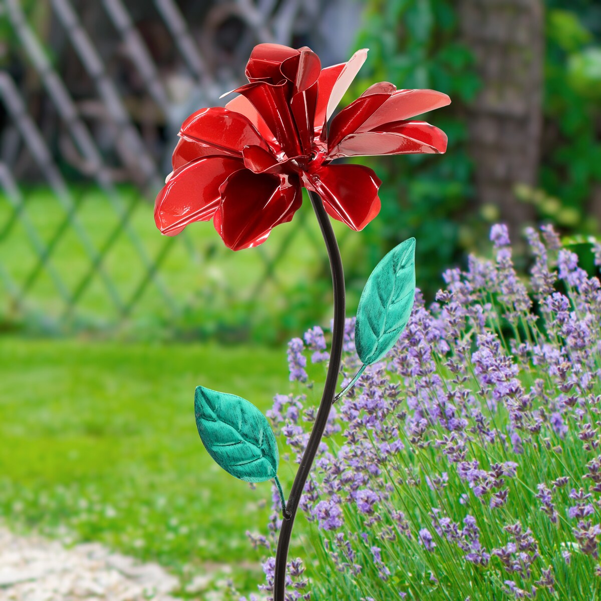 Exhart Rose Flower Wind Spinner Garden Stake, Hand Painted Metallic, 8 by 39 Inches