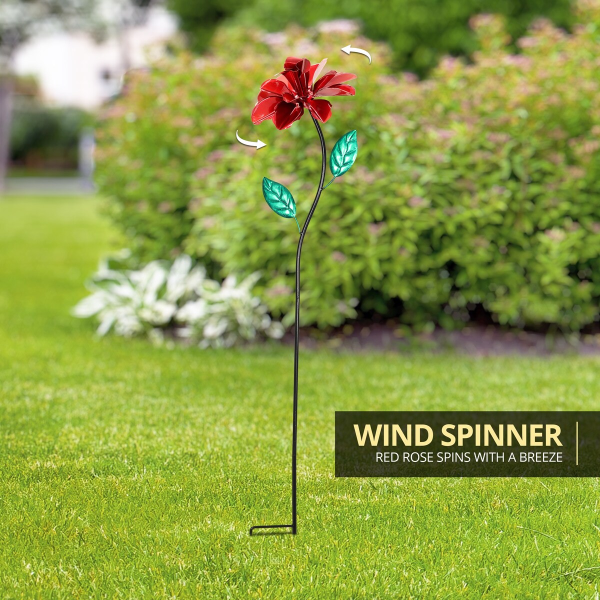 Exhart Rose Flower Wind Spinner Garden Stake, Hand Painted Metallic, 8 by 39 Inches