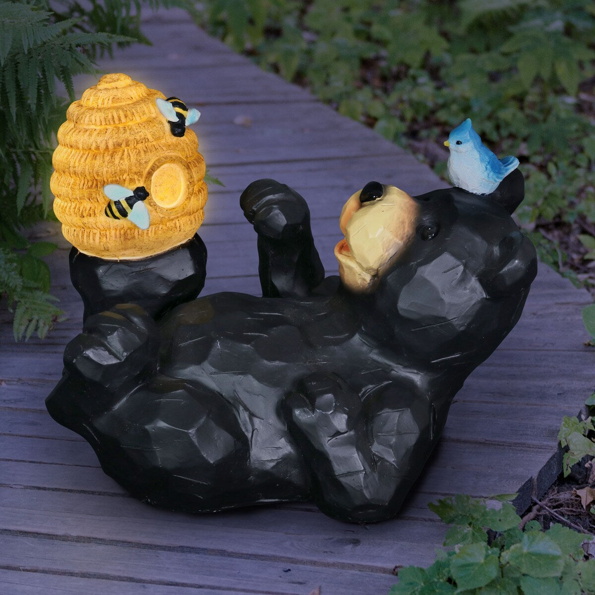 Exhart Solar Bear Playing with an Illuminating Bee Hive Garden Statuary, 9 by 7 Inch