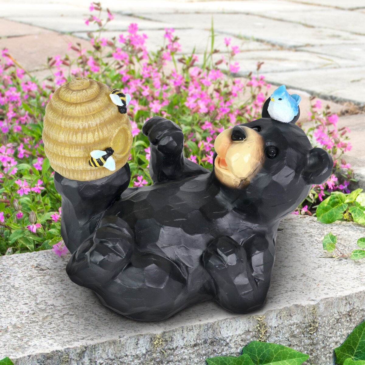 Exhart Solar Bear Playing with an Illuminating Bee Hive Garden Statuary, 9 by 7 Inch