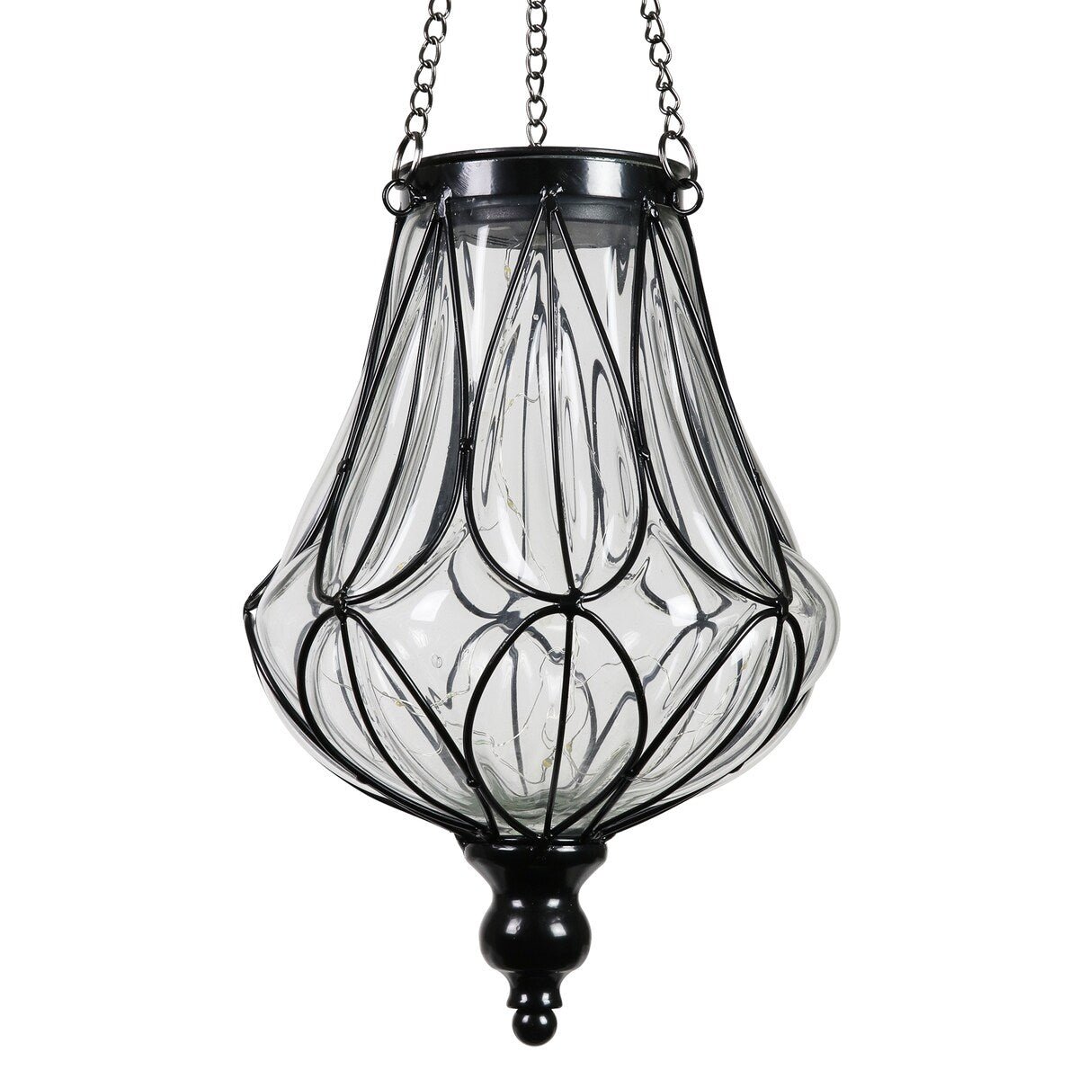 Exhart Solar Clear Glass Hanging Lantern with Looping Metal Pattern, 8 by 24 Inches