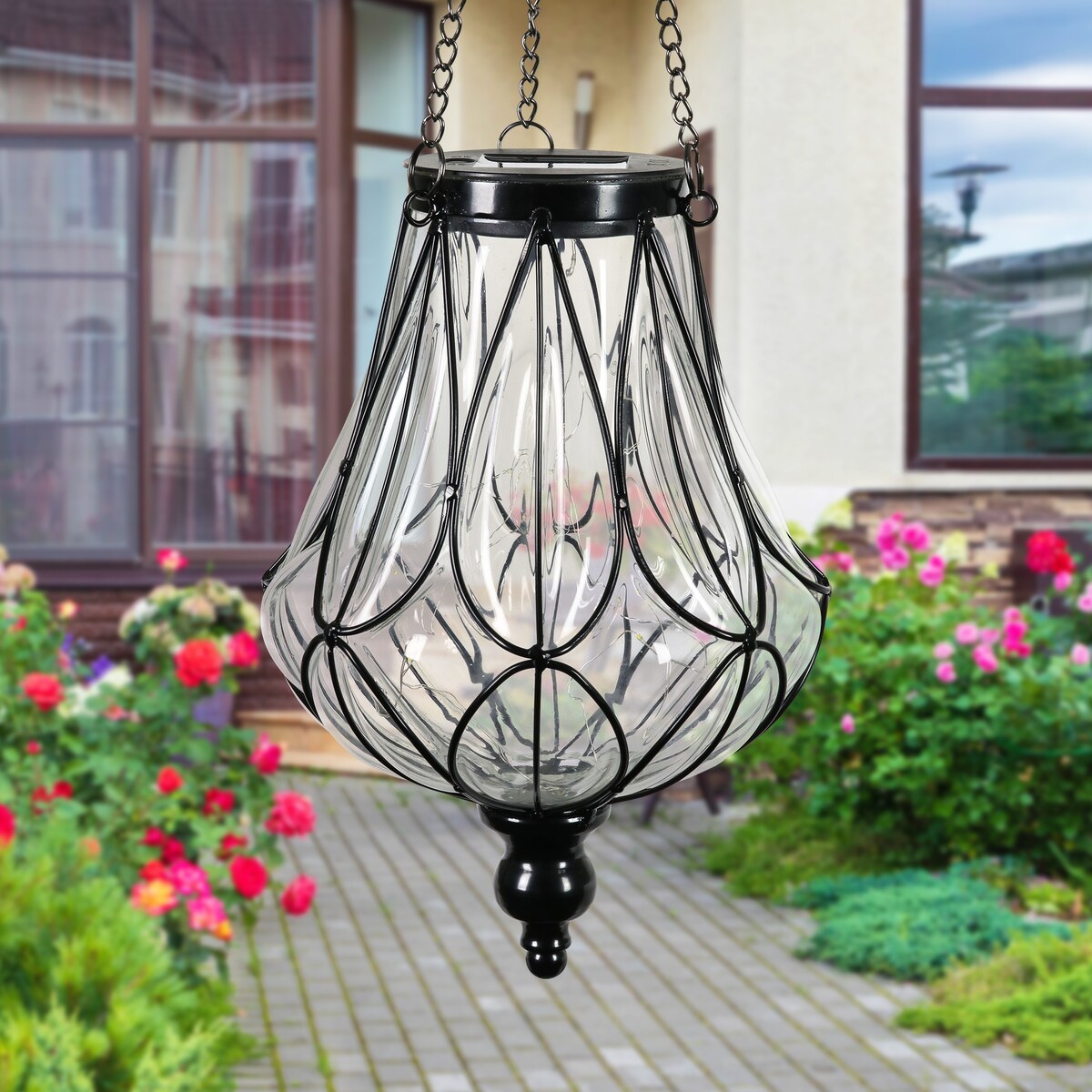 Exhart Solar Clear Glass Hanging Lantern with Looping Metal Pattern, 8 by 24 Inches