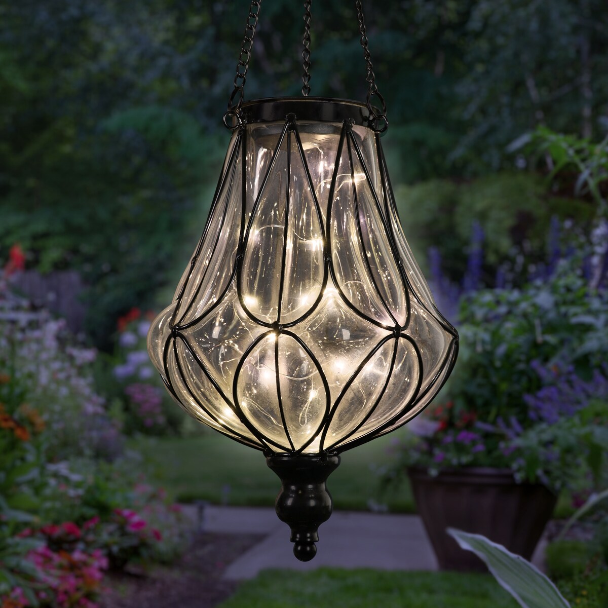 Exhart Solar Clear Glass Hanging Lantern with Looping Metal Pattern, 8 by 24 Inches