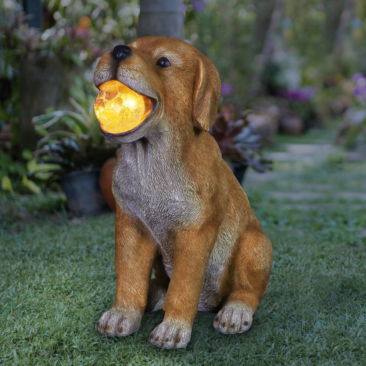 Exhart Solar Dog with LED Ball in Mouth Garden Statuary, 12 Inch tall