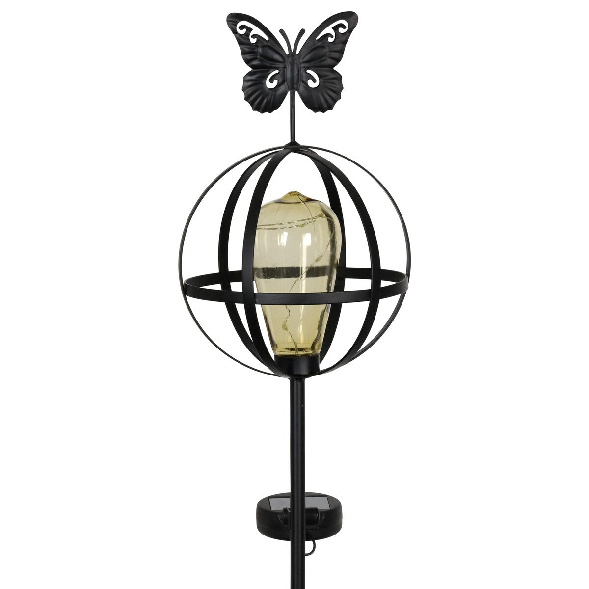 Exhart Solar Edison Bulb with LED String Lights in Metal Globe Garden Stake with Butterfly, 7 by 37 Inches