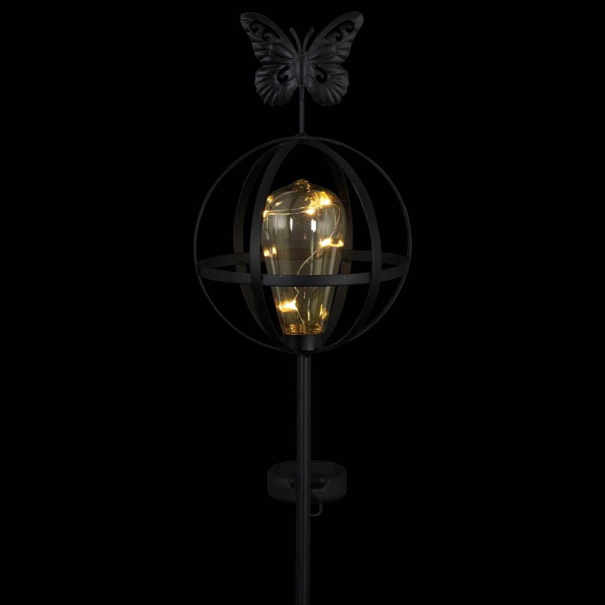 Exhart Solar Edison Bulb with LED String Lights in Metal Globe Garden Stake with Butterfly, 7 by 37 Inches