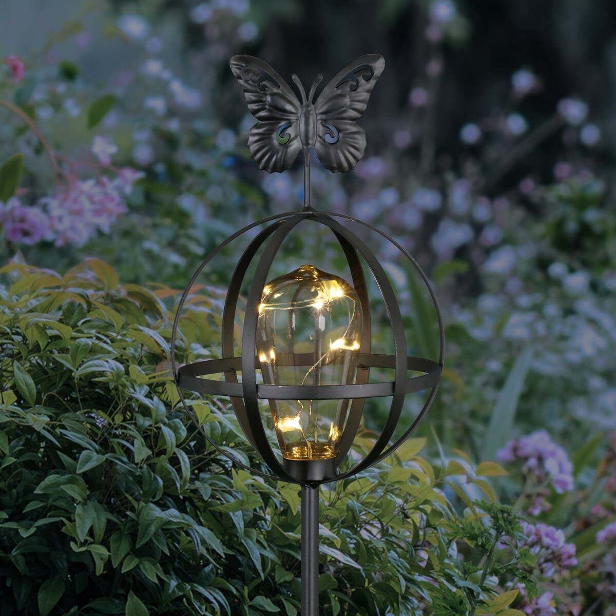 Exhart Solar Edison Bulb with LED String Lights in Metal Globe Garden Stake with Butterfly, 7 by 37 Inches