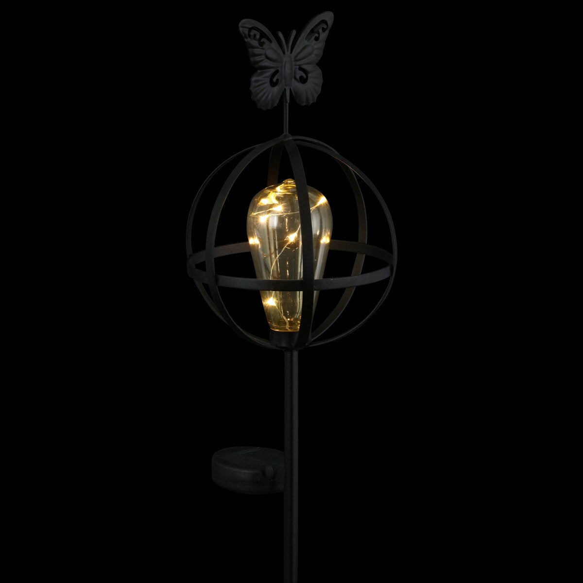 Exhart Solar Edison Bulb with LED String Lights in Metal Globe Garden Stake with Butterfly, 7 by 37 Inches