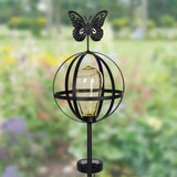 Exhart Solar Edison Bulb with LED String Lights in Metal Globe Garden Stake with Butterfly, 7 by 37 Inches