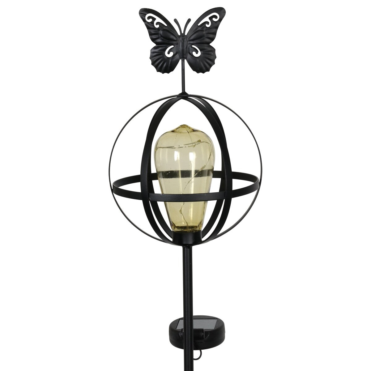 Exhart Solar Edison Bulb with LED String Lights in Metal Globe Garden Stake with Butterfly, 7 by 37 Inches