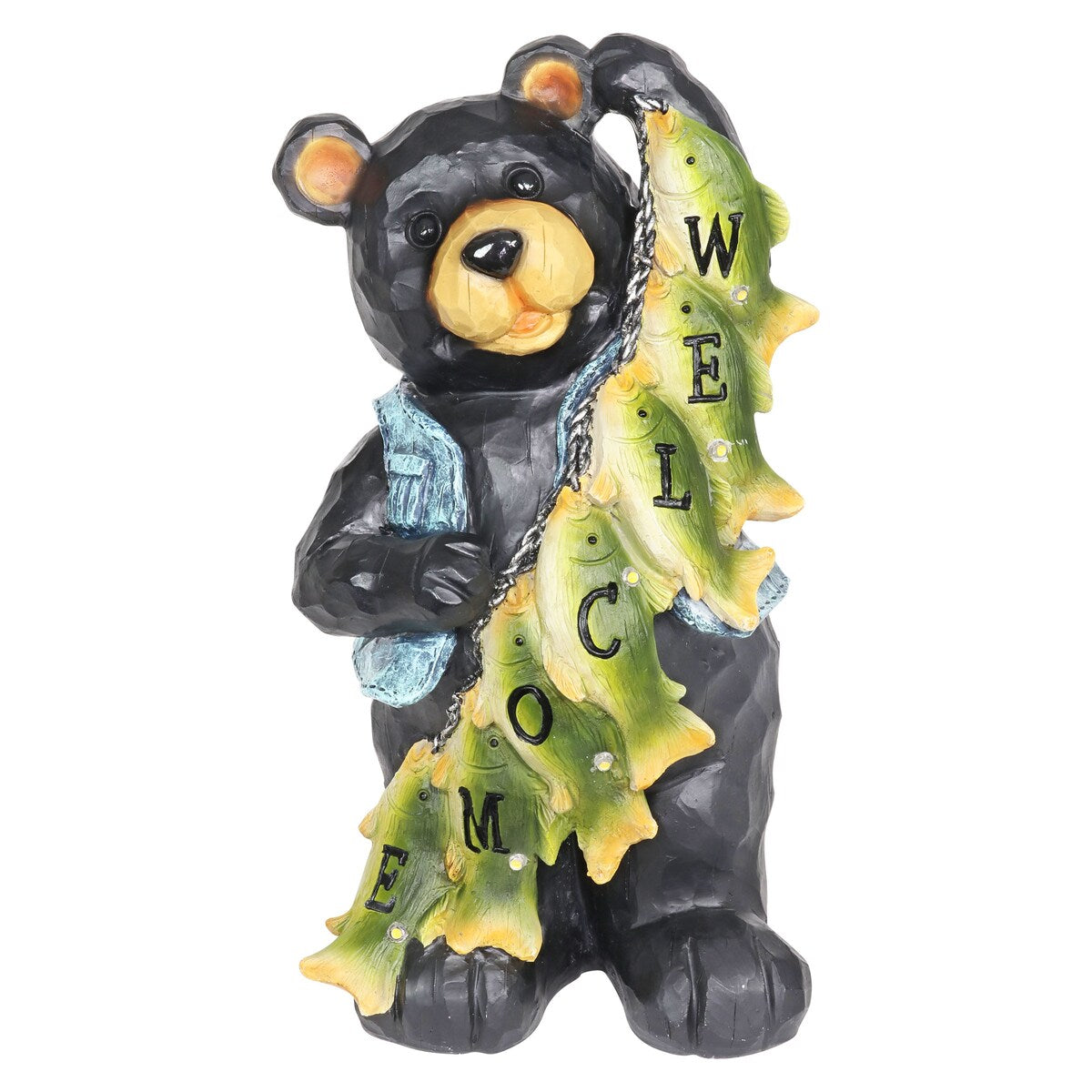 Exhart Solar Fish Stringing Welcome Bear, 13 Inch