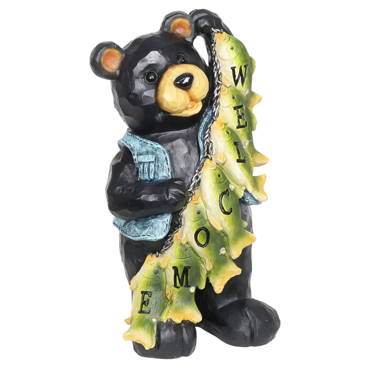 Exhart Solar Fish Stringing Welcome Bear, 13 Inch