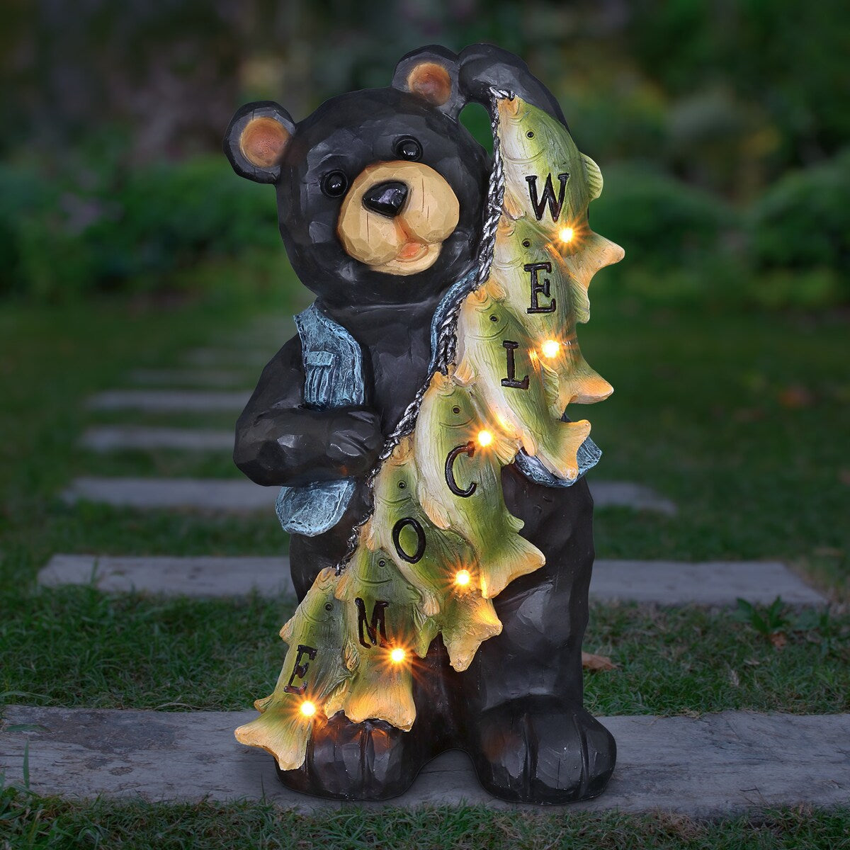 Exhart Solar Fish Stringing Welcome Bear, 13 Inch