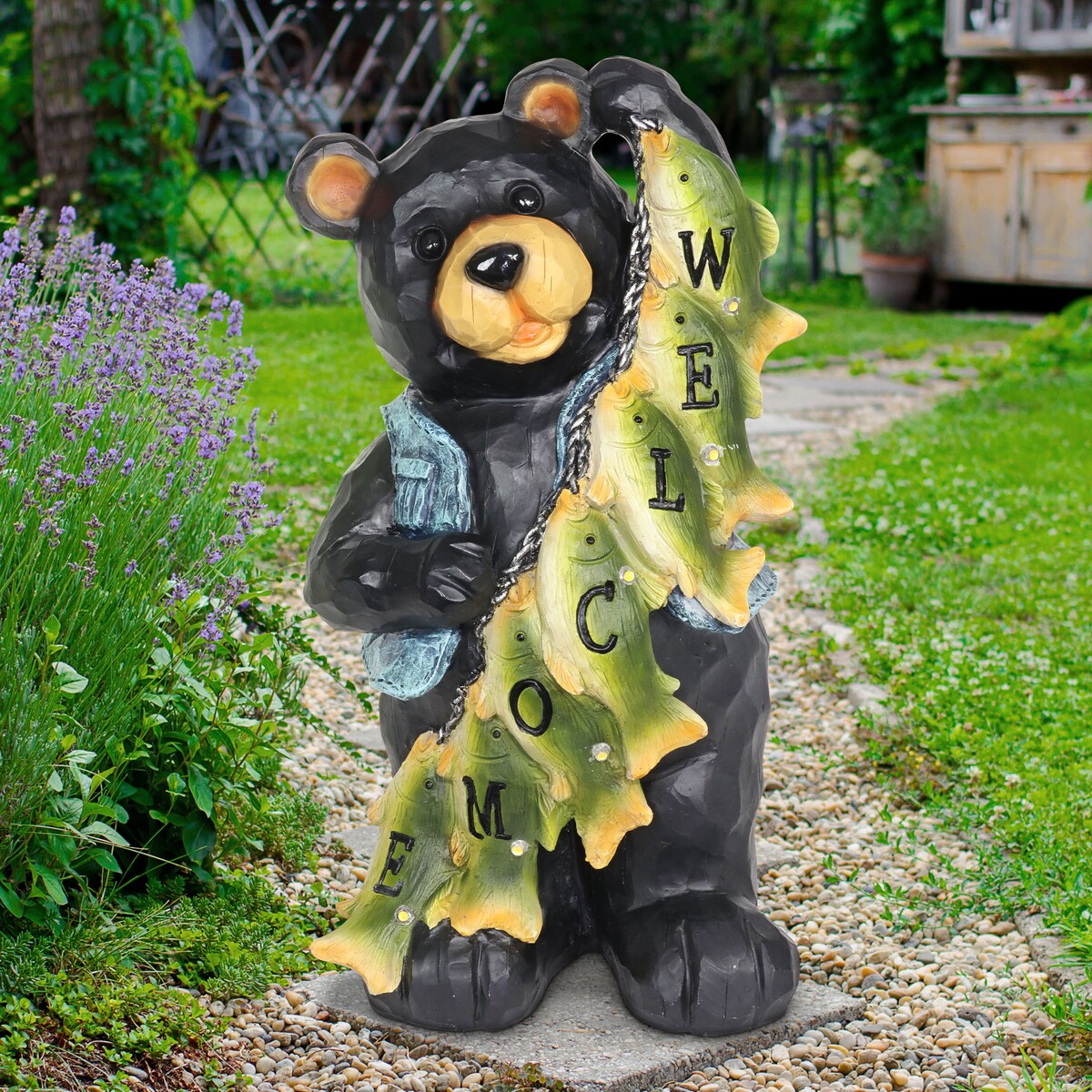 Exhart Solar Fish Stringing Welcome Bear, 13 Inch