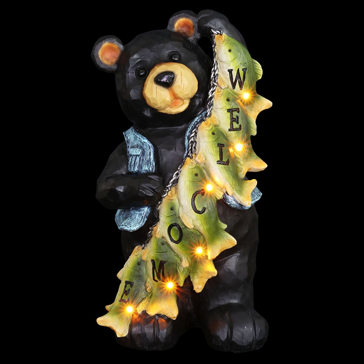Exhart Solar Fish Stringing Welcome Bear, 13 Inch