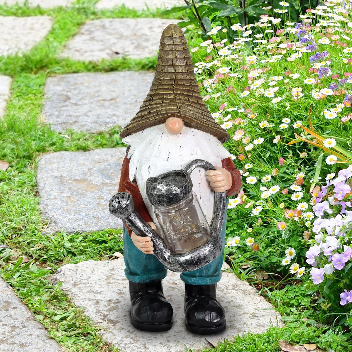 Exhart Solar Garden Gnome with LED Firefly Watering Can Statuary, 5 by 12.5 Inch