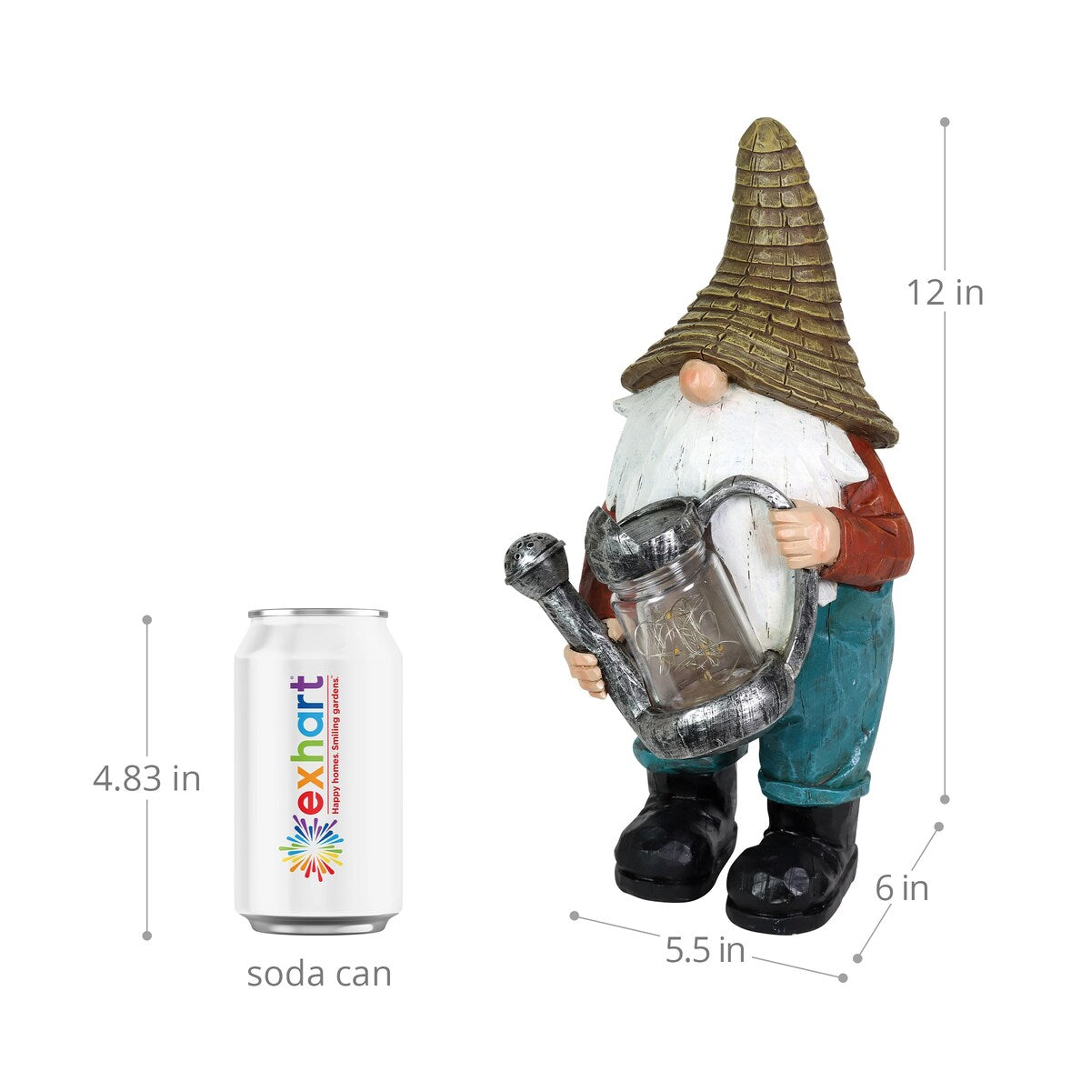 Exhart Solar Garden Gnome with LED Firefly Watering Can Statuary, 5 by 12.5 Inch