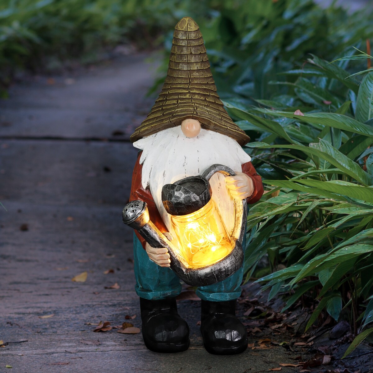 Exhart Solar Garden Gnome with LED Firefly Watering Can Statuary, 5 by 12.5 Inch