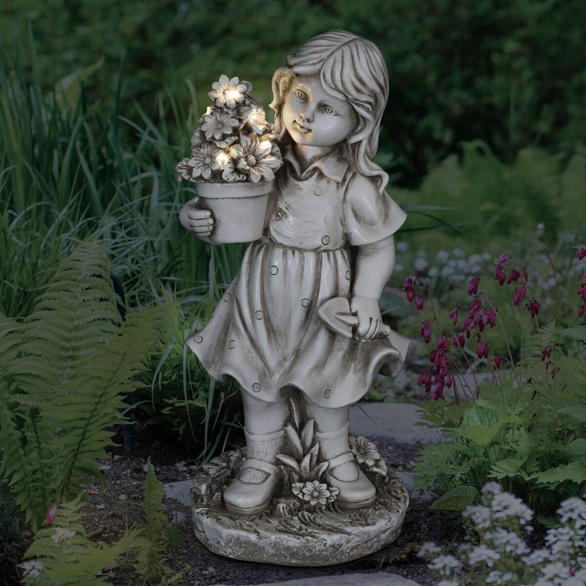 Exhart Solar Girl with a Flower Pot Garden Statue, 18 Inch