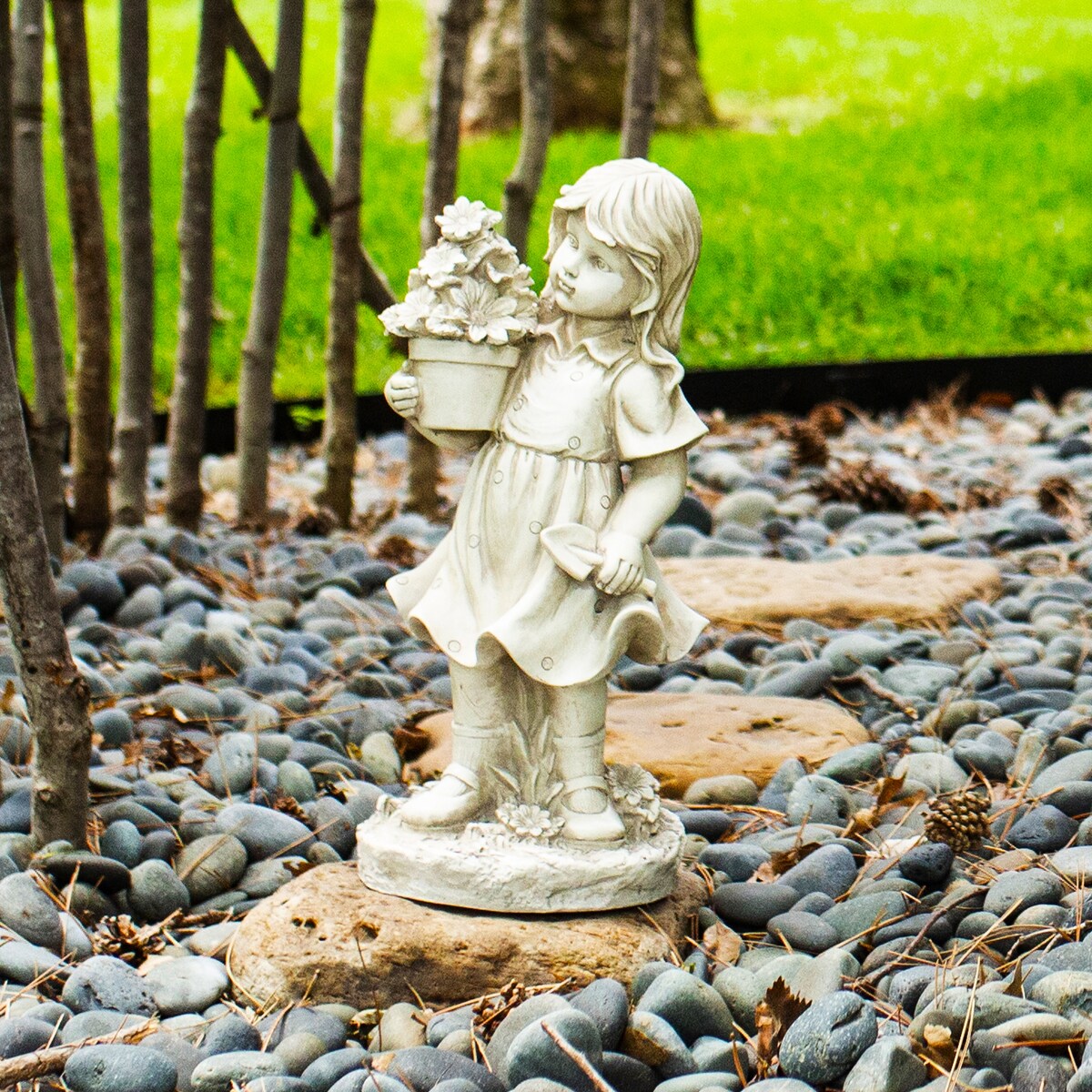 Exhart Solar Girl with a Flower Pot Garden Statue, 18 Inch