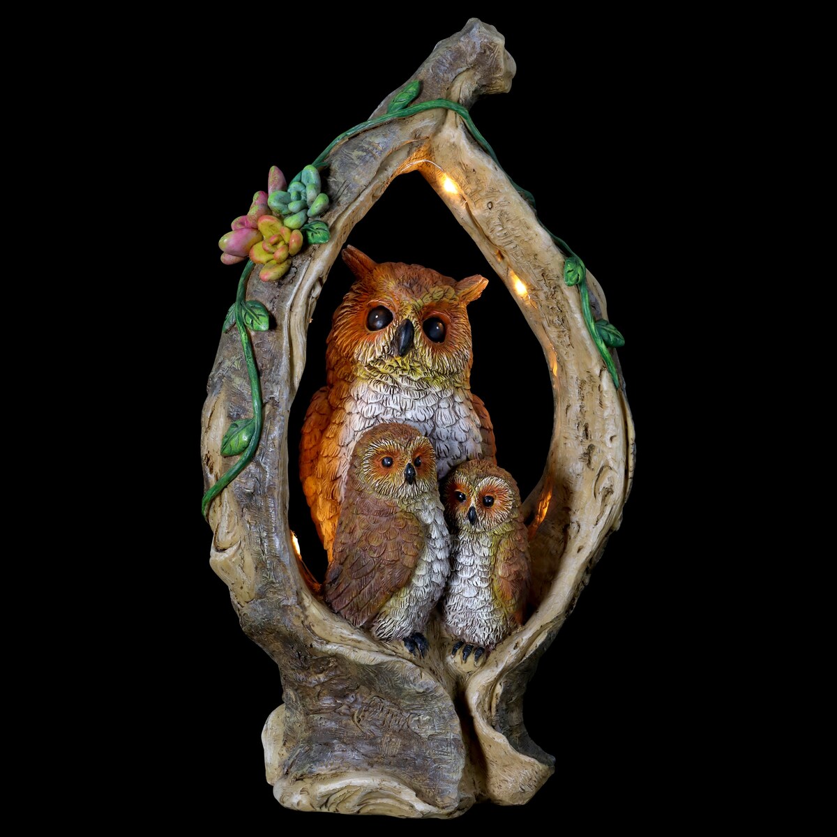Exhart Solar Owl Family in a Tree Stump Garden Statue, 6 by 13 Inches