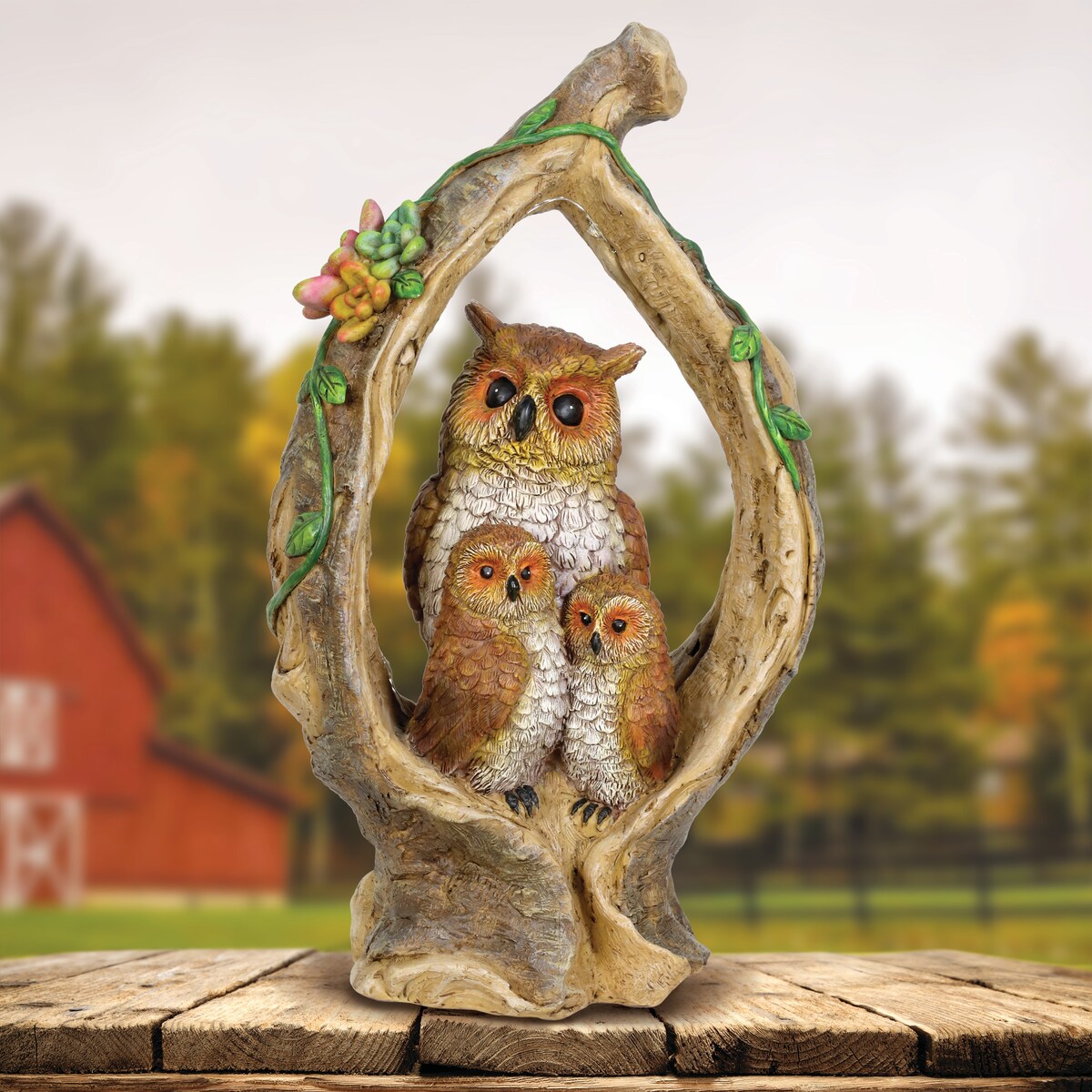 Exhart Solar Owl Family in a Tree Stump Garden Statue, 6 by 13 Inches