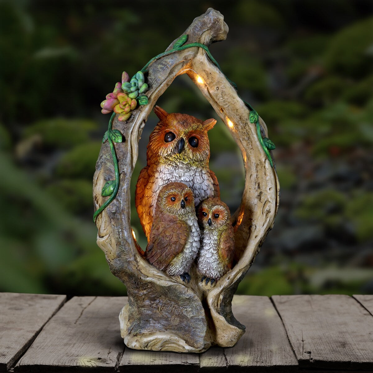 Exhart Solar Owl Family in a Tree Stump Garden Statue, 6 by 13 Inches