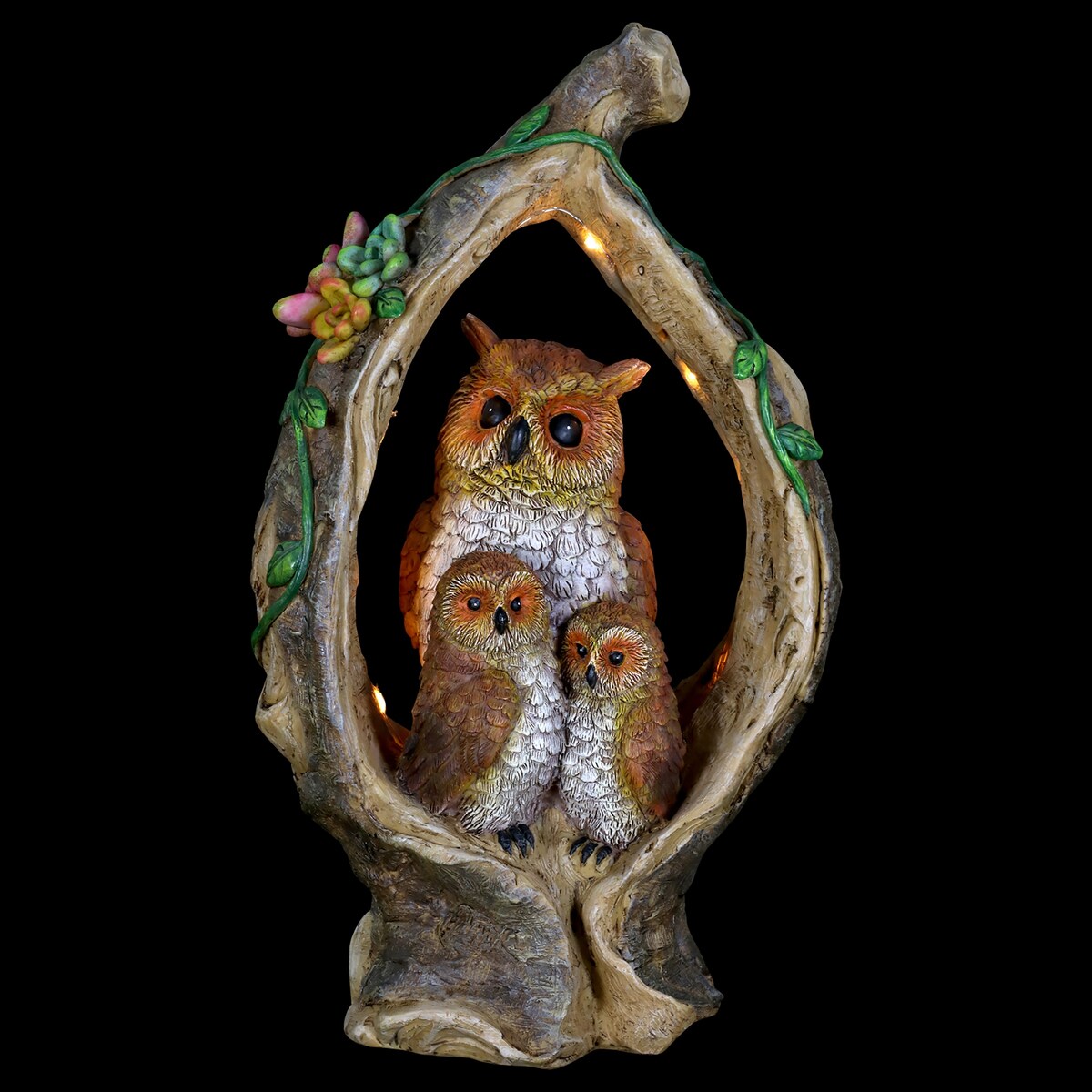 Exhart Solar Owl Family in a Tree Stump Garden Statue, 6 by 13 Inches