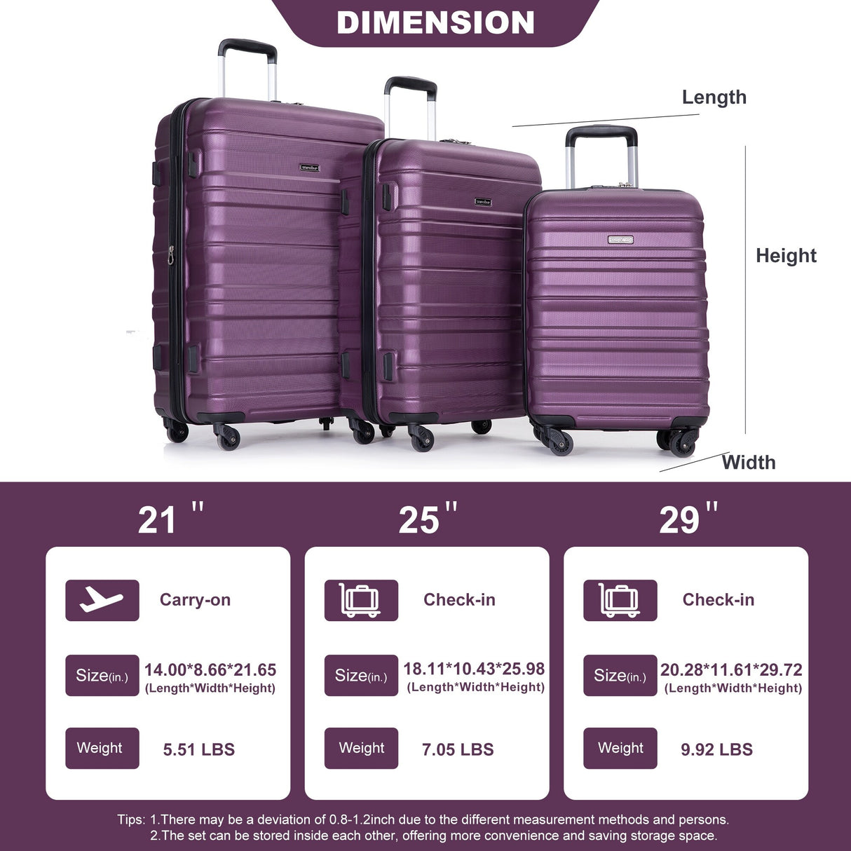 Expandable 3 Piece Luggage Sets PC Lightweight & Durable Suitcase with Two Hooks, Spinner Wheels, TSA Lock, (21/25/29)