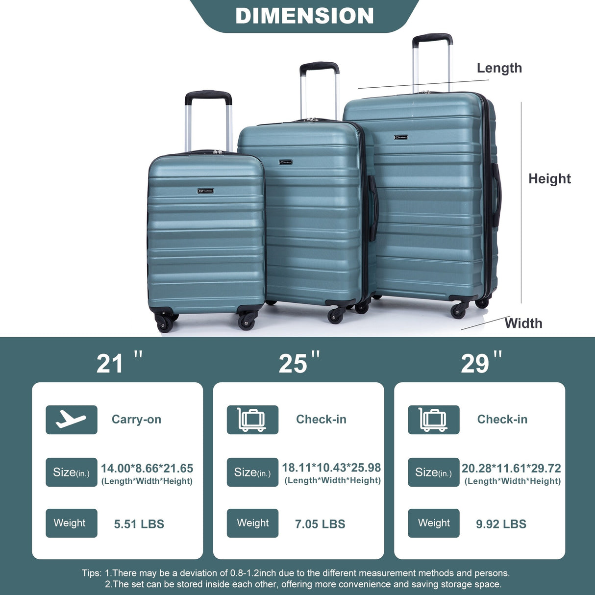 Expandable 3 Piece Luggage Sets PC Lightweight & Durable Suitcase with Two Hooks, Spinner Wheels, TSA Lock, (21/25/29)