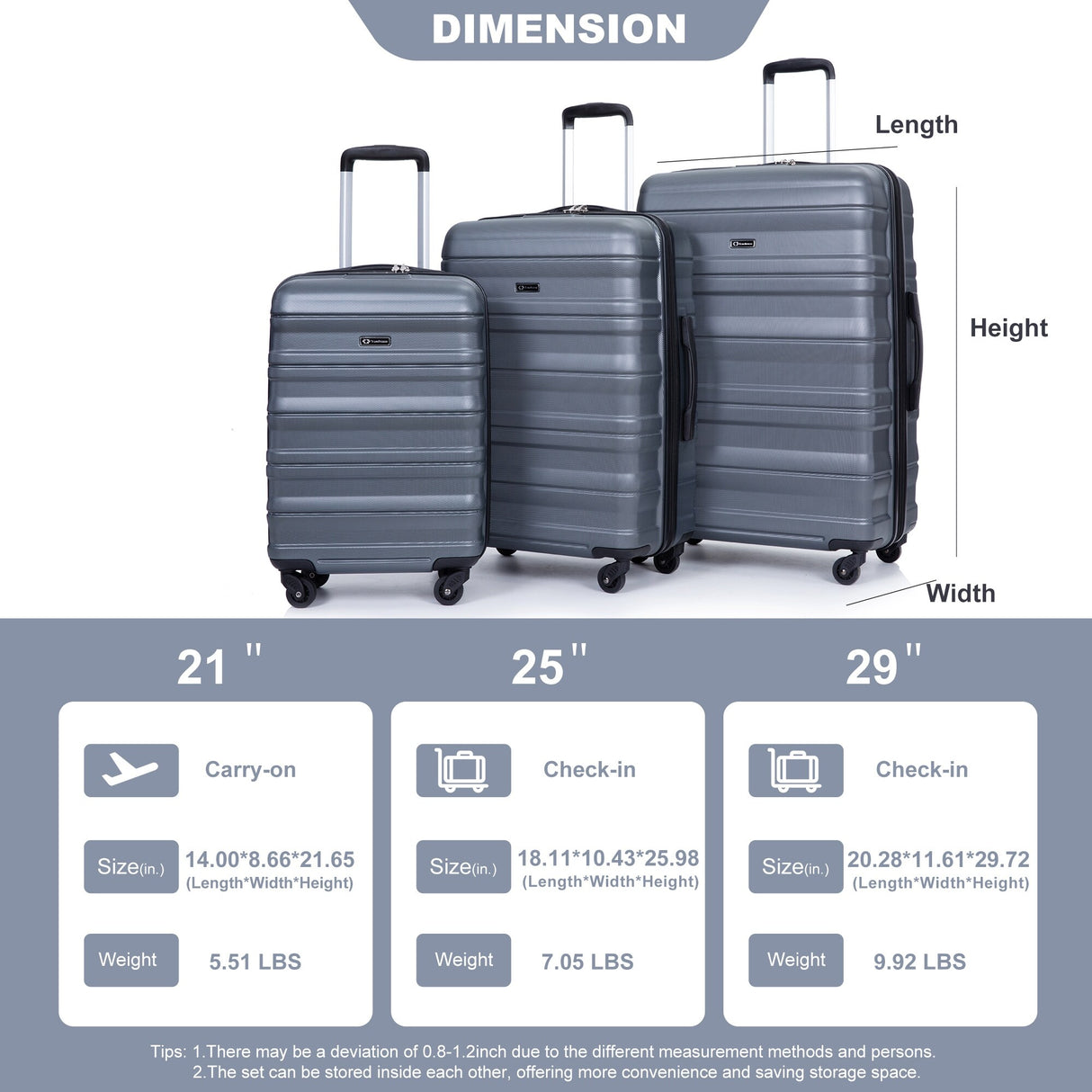 Expandable 3 Piece Luggage Sets PC Lightweight & Durable Suitcase with Two Hooks, Spinner Wheels, TSA Lock, (21/25/29)