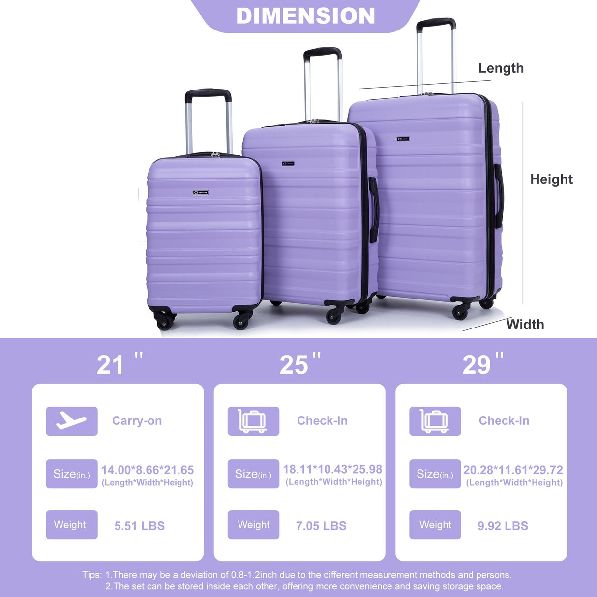 Expandable 3 Piece Luggage Sets PC Lightweight & Durable Suitcase with Two Hooks, Spinner Wheels, TSA Lock, (21/25/29)