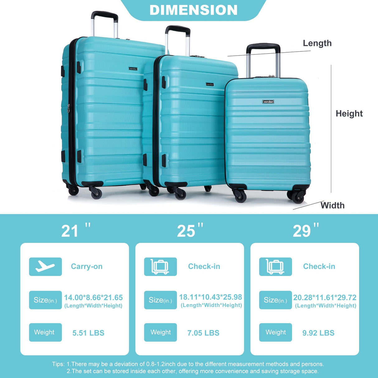 Expandable 3 Piece Luggage Sets PC Lightweight & Durable Suitcase with Two Hooks, Spinner Wheels, TSA Lock, (21/25/29)