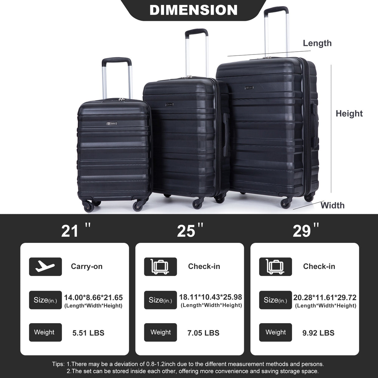 Expandable 3 Piece Luggage Sets PC Lightweight & Durable Suitcase with Two Hooks, Spinner Wheels, TSA Lock, (21/25/29)