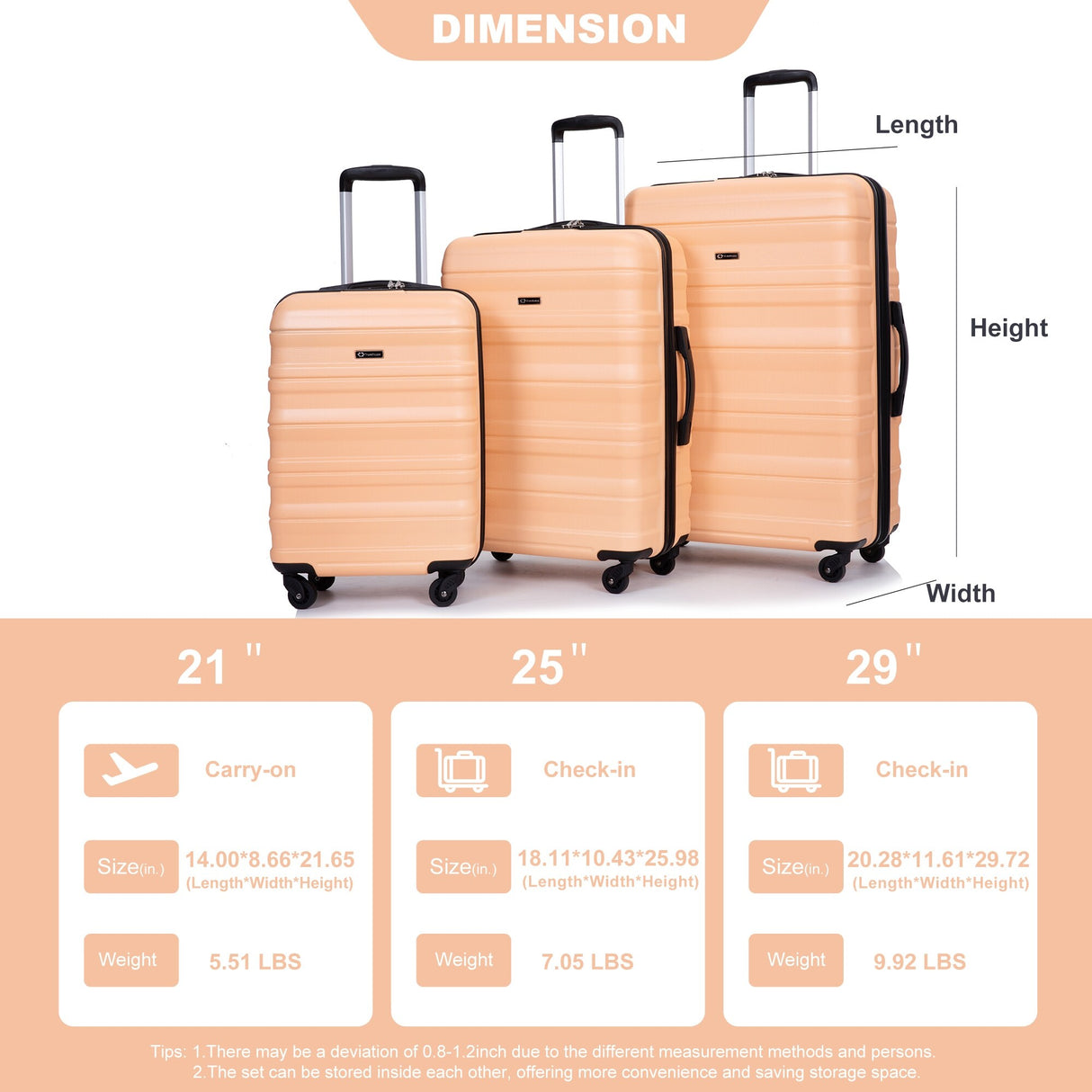 Expandable 3 Piece Luggage Sets PC Lightweight & Durable Suitcase with Two Hooks, Spinner Wheels, TSA Lock, (21/25/29)