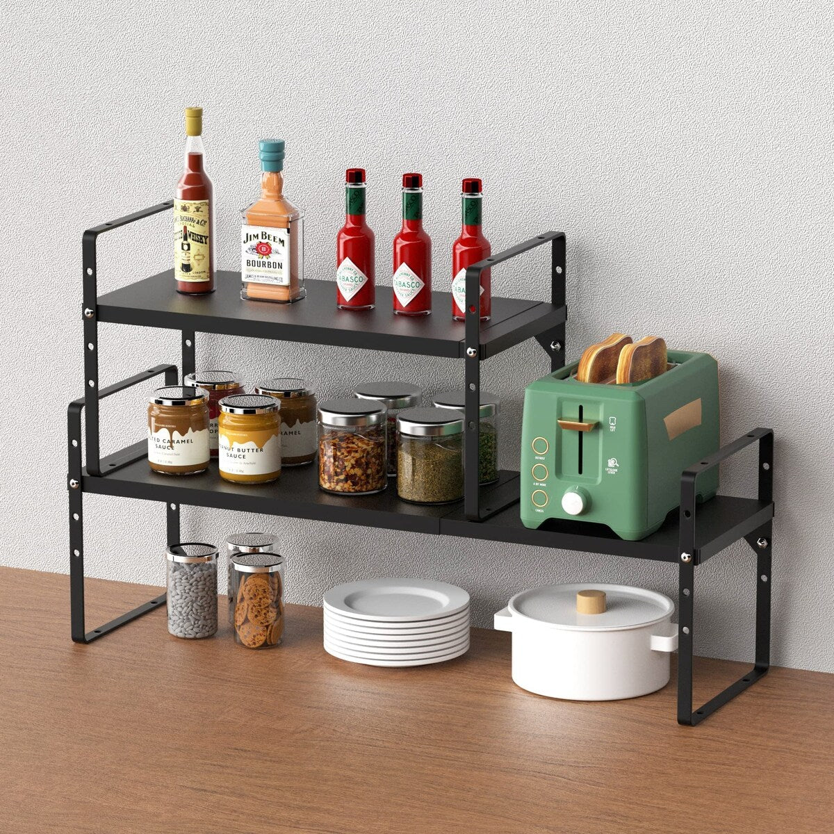 Expandable Cabinet Shelf Organizer Rack,Adjustable Height Large Stackable Kitchen Cupboard Cabinet