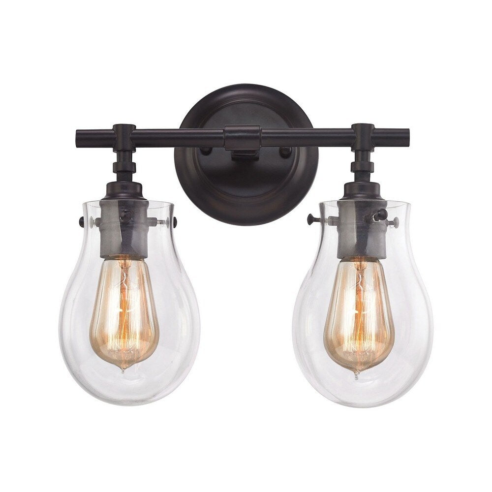 Exposed Bulb Two Light Rustic Bath Vanity with Tear Drop Shaped Glass
