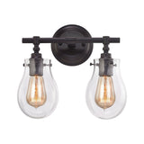 Exposed Bulb Two Light Rustic Bath Vanity with Tear Drop Shaped Glass