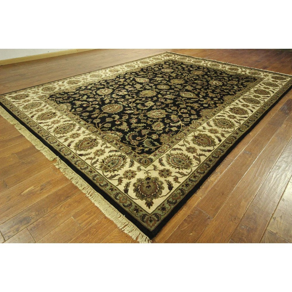 Exquisite Black/ Ivory Oriental Hand-knotted Wool Rajasthan Area Rug (9' x 12')