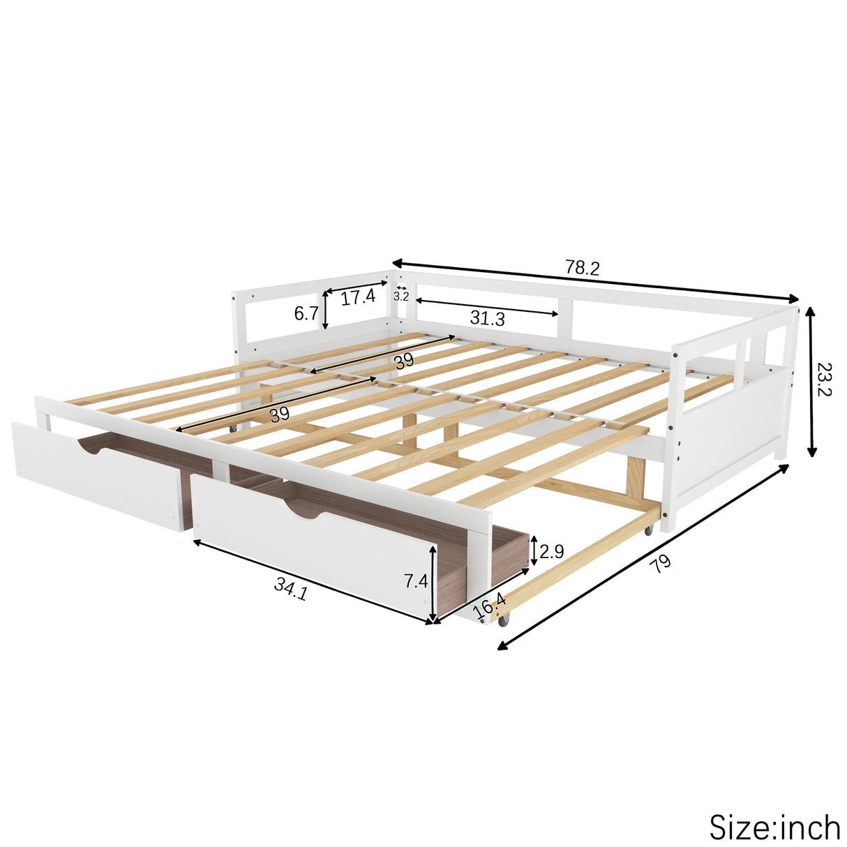 Extendable Bed Daybed with Two Drawers