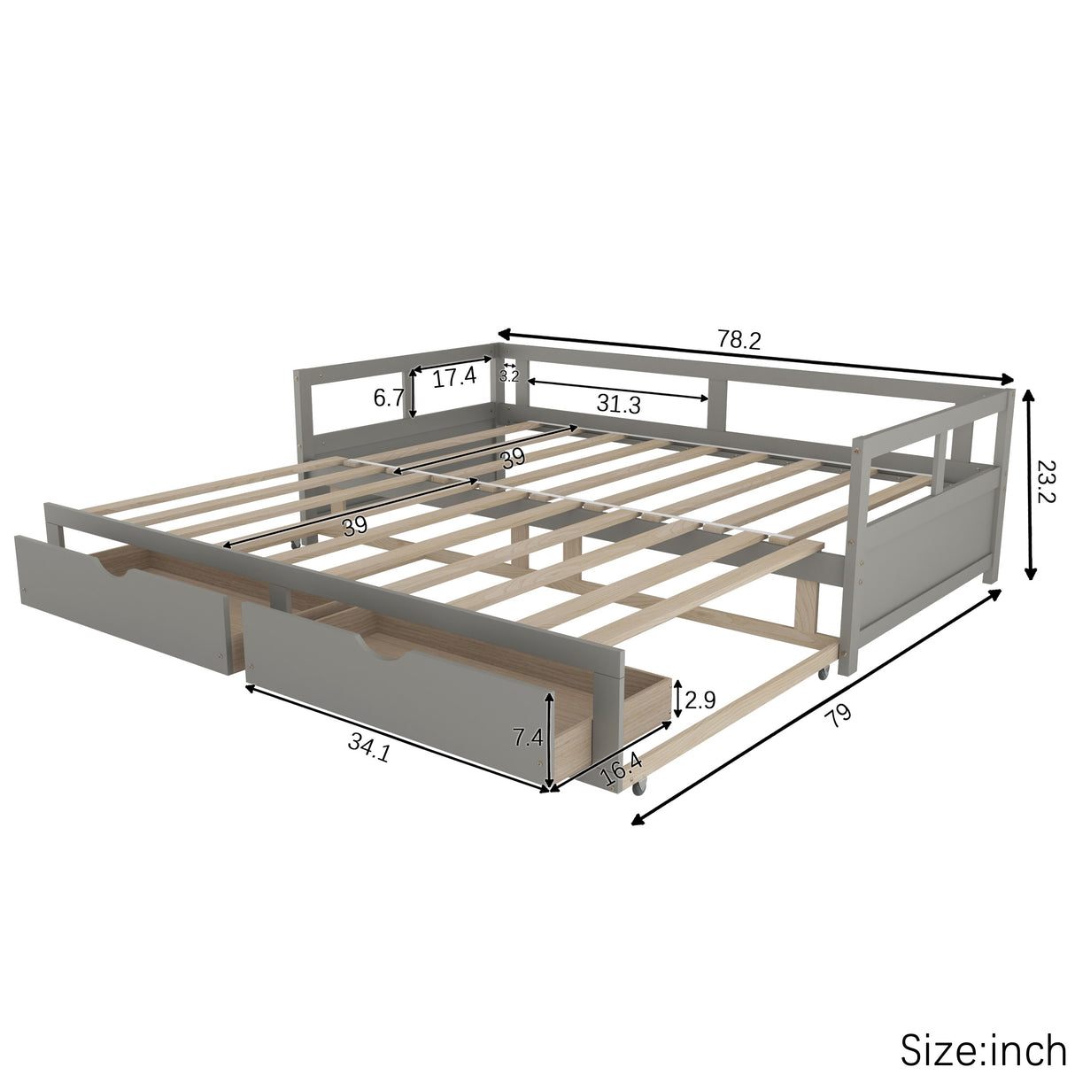Extendable Bed Daybed with Two Drawers