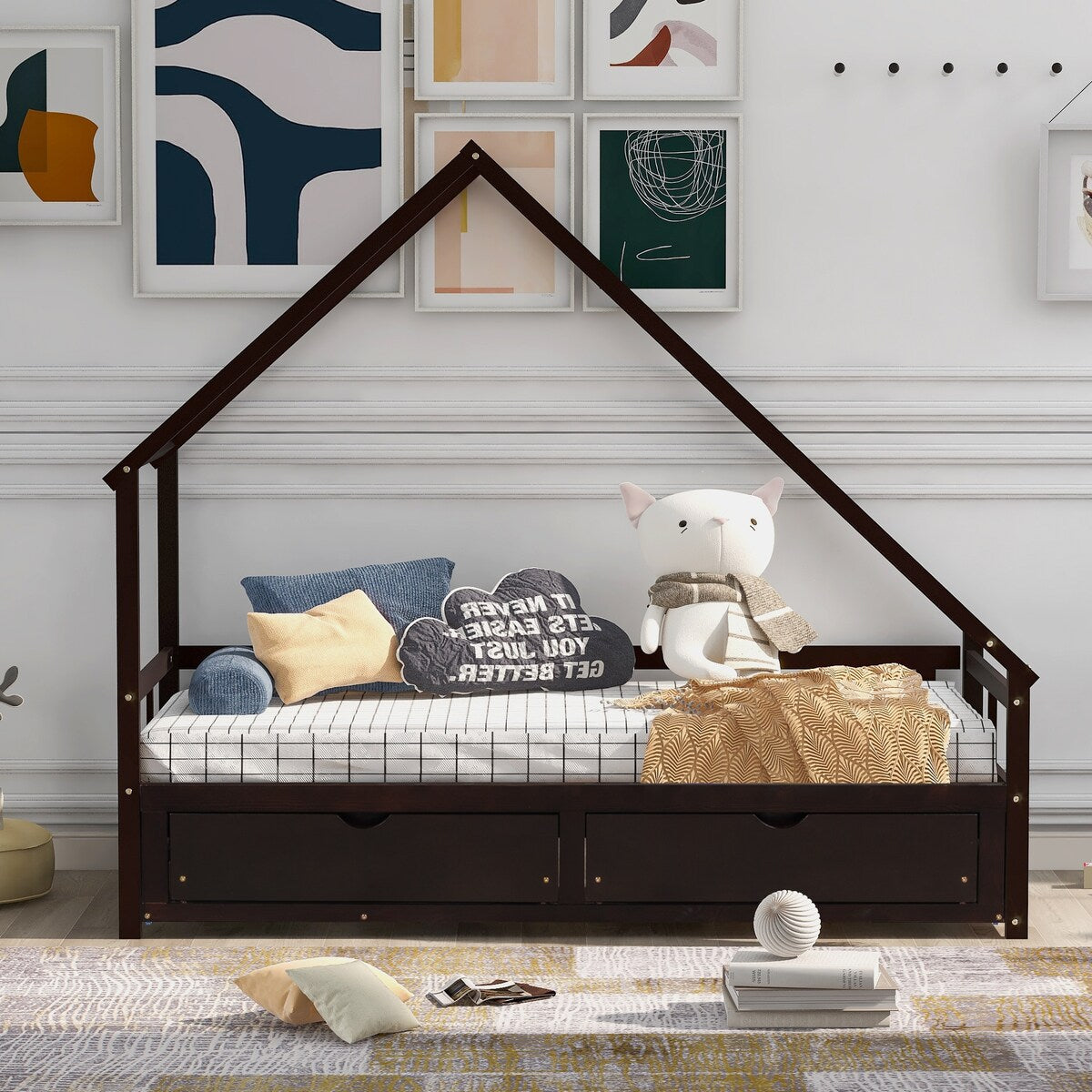 Extending Daybed with 2 Drawers, Wooden House Bed with Drawers and Roof, Twin&Full, Espresso