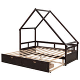 Extending Daybed with 2 Drawers, Wooden House Bed with Drawers and Roof, Twin&Full, Espresso