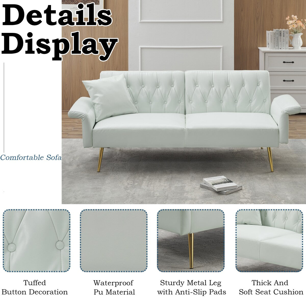 Extra Comfort Modern Style Faux Leather Sofa Bed with Adjustable Backrest and Armrest